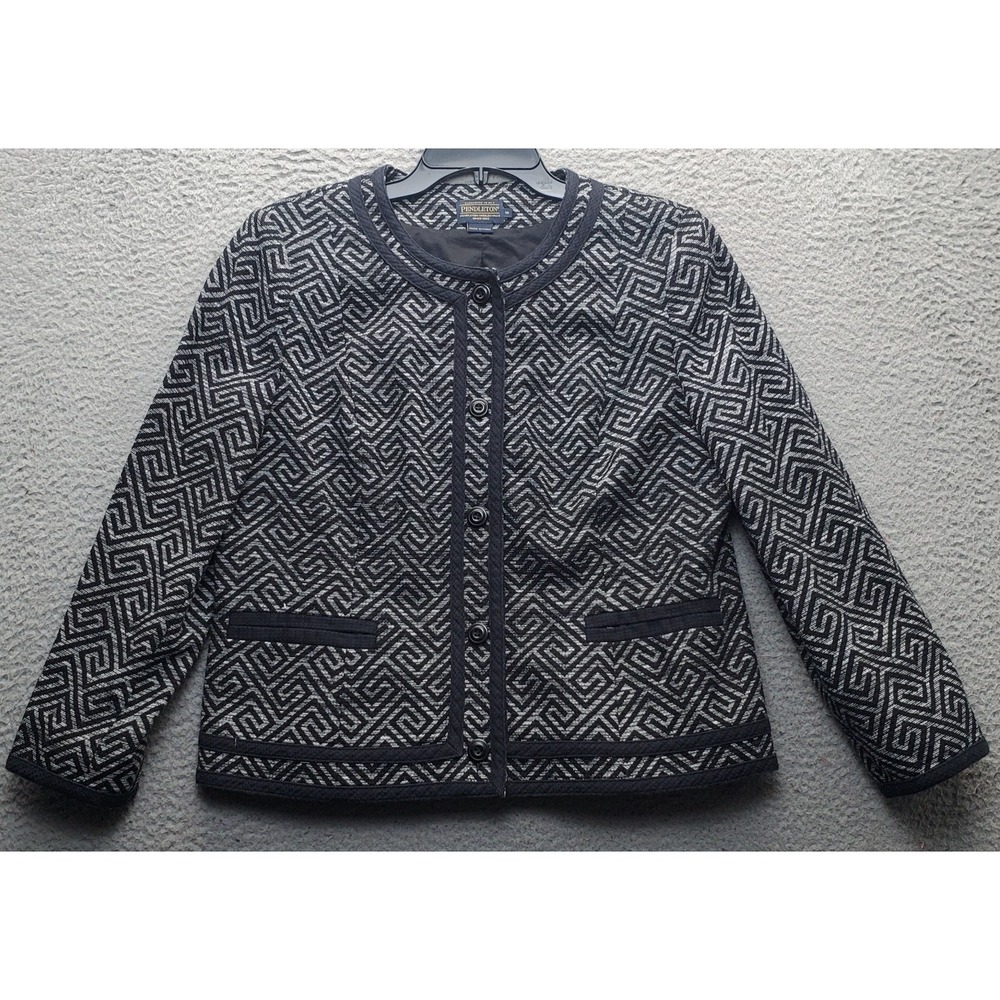 Pendleton Blazer Jacket Womens 16 Multi Geo Print Lined Contrast Trim Round Neck